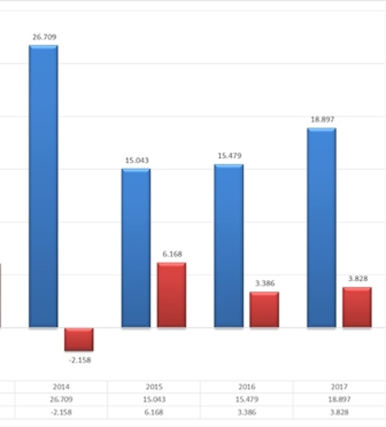 Nettoinvestitionen (blau) versus Selbstfinanzierung (rot) seit 2014. zVg