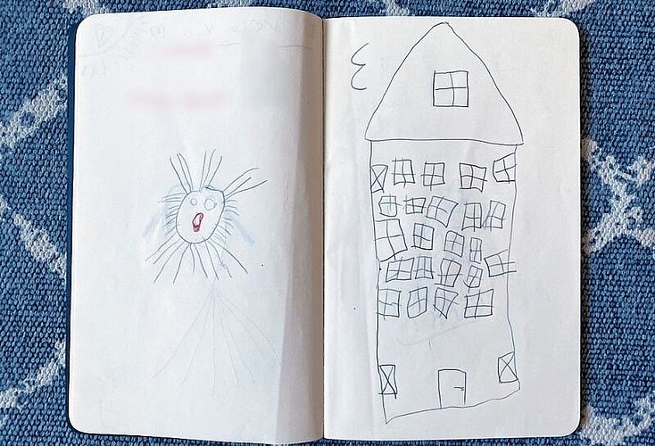 Camp mit Spinne (l.), gezeichnet von Lidia, 9 Jahre alt. Sie beschreibt eine bedrückende Atmosphäre der Enge, der Angst und des Ekels.zVg