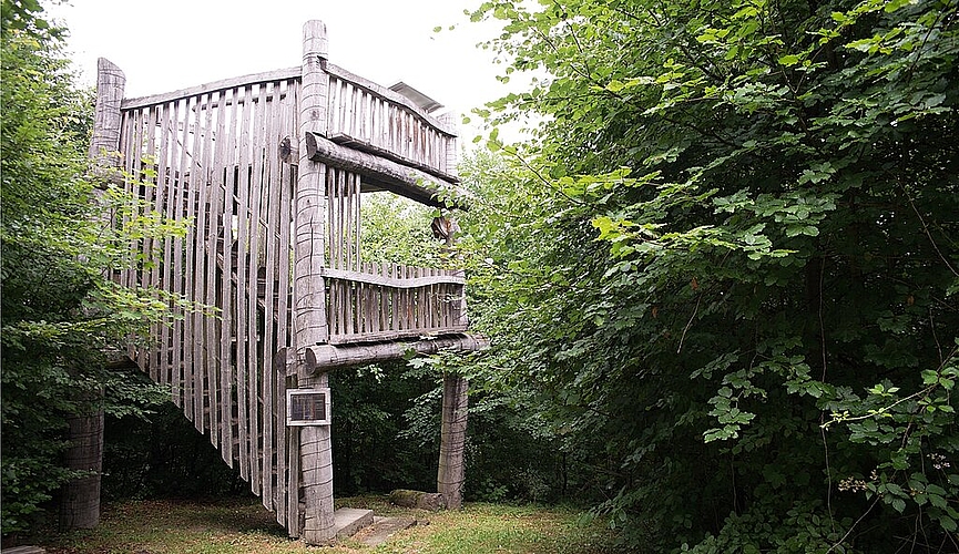 Der Aussichtsturm <em>mitten im Wald ist nicht mehr in bestem Zustand.</em>
