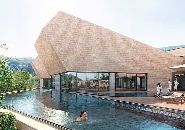 So soll das neue Thermalbad «Fortyseven» in Baden nach der Eröffnung im Spätherbst 2021 aussehen.   zVg