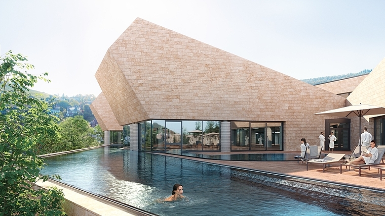 So soll das neue Thermalbad «Fortyseven» in Baden nach der Eröffnung im Spätherbst 2021 aussehen. zVg