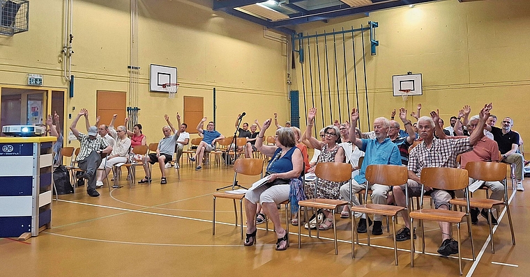 Hände in die Höhe: Die 43 Personen stimmen in der Mehrzweckhalle über diverse Geschäfte ab. Irene Hung-König