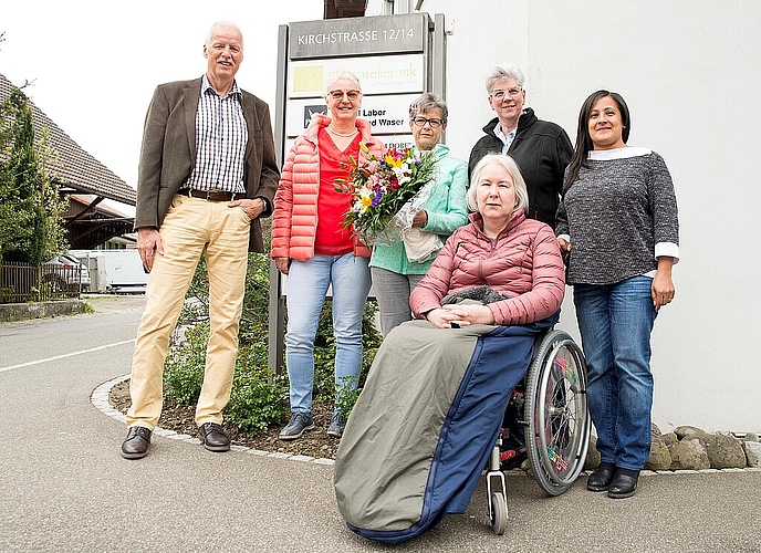 Spitex-Vorstand:<em>(v.r.n.l.) Bernhard Gerig, Renate Holliger, Bea Rothenbühler (ehemalig), Heidi Sami, Brigitta Lade und Martina Studerus.</em>