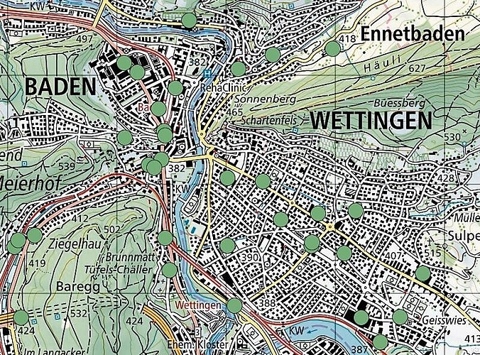 Übersichtskarte aller 5G-Antennen in Wettingen.   zVg