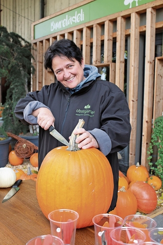 Barbara Lienberger «köpft» die Kürbisse, damit Kinder sie aushöhlen können. Barbara Lienberger «köpft» die Kürbisse, damit Kinder sie aushöhlen können.