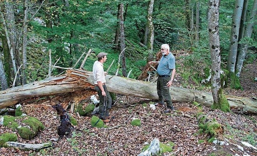 Förster Moritz Fischer (l.) und Altförster Philipp Vock zusammen im Naturreservat. zVg