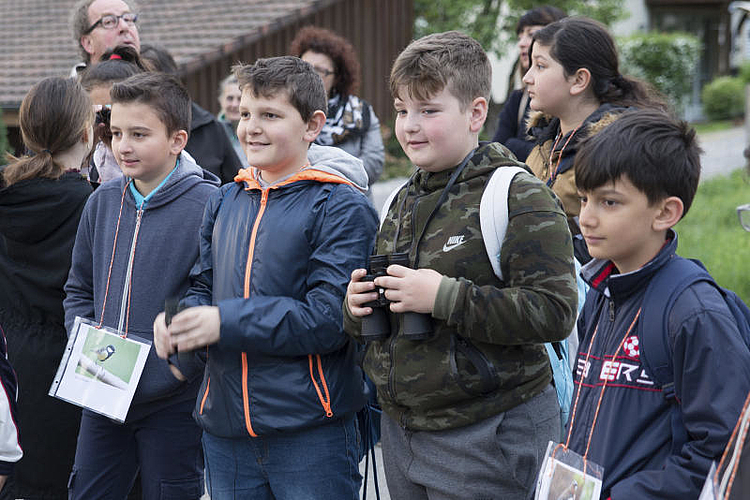 Kinder beobachten eine Krähe.
