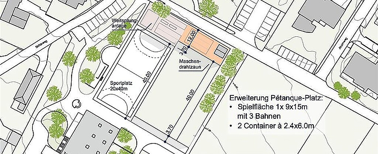 Visualisierung: Der Pétanque-Platz hätte 12Meter breit werden sollen und damit die Fussballwiese auf 40 Meter verkürzt. zVg