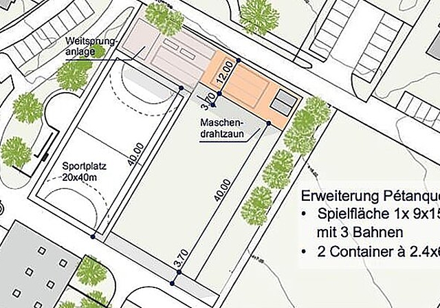 Visualisierung: Der Pétanque-Platz hätte 12Meter breit werden sollen und damit die Fussballwiese auf 40 Meter verkürzt. zVg