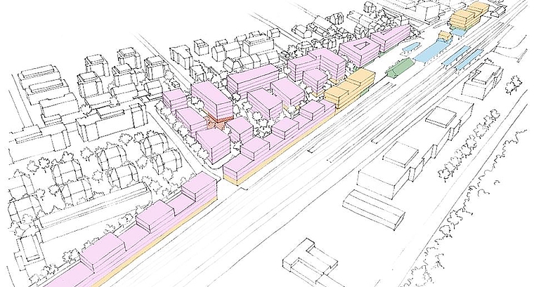 Neue Nutzungsverteilung Bahnhofareal<em> Wohnen (rosa), Gewerbe/Arbeiten (gelb), Retail/Verkauf (grün), Mobilität (blau) und Kindergarten (rot gestreift). (zVg)</em>