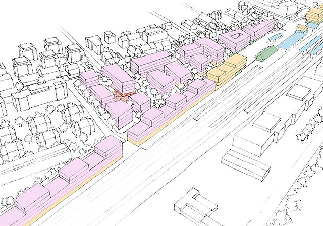 Neue Nutzungsverteilung Bahnhofareal<em> Wohnen (rosa), Gewerbe/Arbeiten (gelb), Retail/Verkauf (grün), Mobilität (blau) und Kindergarten (rot gestreift). (zVg)</em>