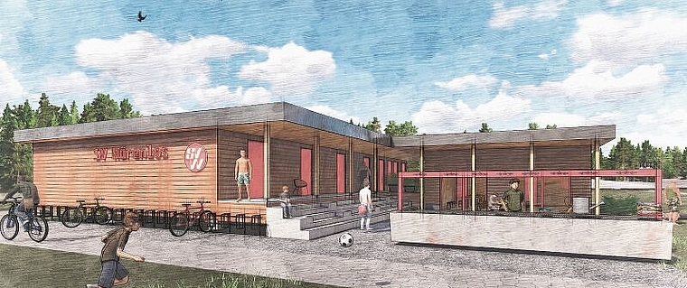 So wird das neue Clubhaus des SV Würenlos im «Tägerhard» aussehen, wenn es fertig ist. Die Inbetriebnahme ist für März 2021 geplant.   Visualisierung: zVg
