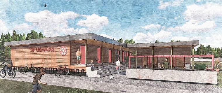 So wird das neue Clubhaus des SV Würenlos im «Tägerhard» aussehen, wenn es fertig ist. Die Inbetriebnahme ist für März 2021 geplant. Visualisierung: zVg
