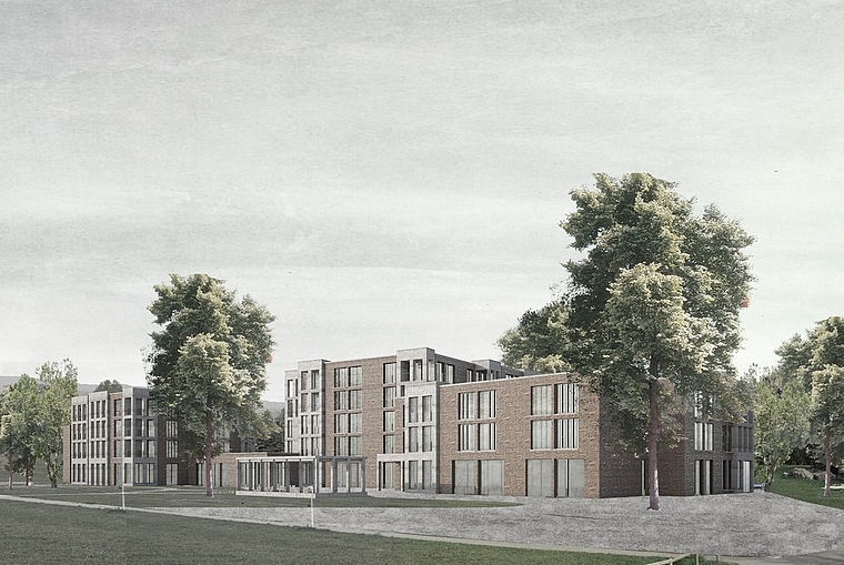 So soll das Alterszentrum «Margerite» auf der Zentrumswiese in Würenlos nach Fertigstellung aussehen. zVg/Archiv