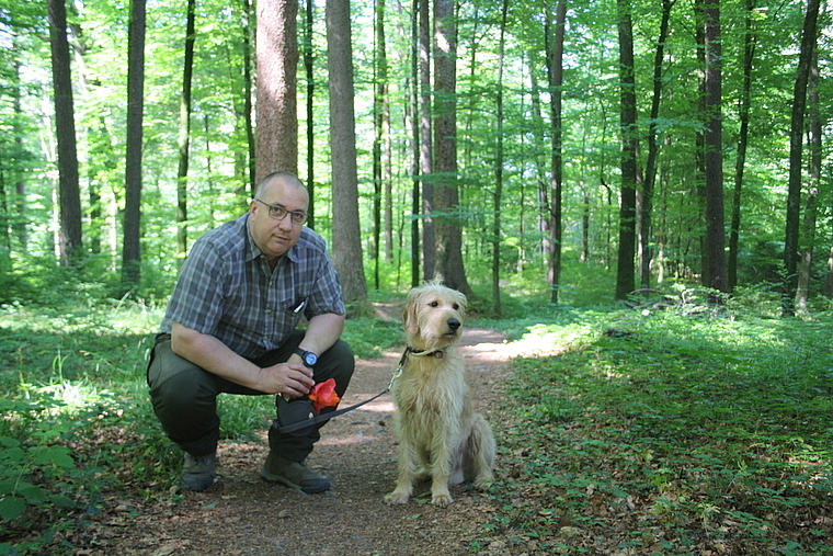 Jagdaufseher Sven Böhringer geht mit Hund Floki durch den Wald. Sibylle Egloff