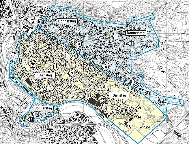 Gültiges Regime der Kehrrichttouren: südlich der Landstrasse (gelb) am Dienstag; nördlich der Landstrasse, Klosterhalbinsel und Schwimmbadstrasse (blau) am Donnerstag. Pläne: zVg
