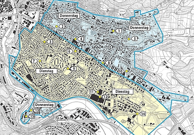 Gültiges Regime der Kehrrichttouren: südlich der Landstrasse (gelb) am Dienstag; nördlich der Landstrasse, Klosterhalbinsel und Schwimmbadstrasse (blau) am Donnerstag. Pläne: zVg
