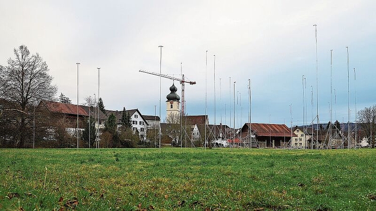 Die Bauprofile stehen seit Montag auf der Zentrumswiese. (Bild: Gaby Kost)