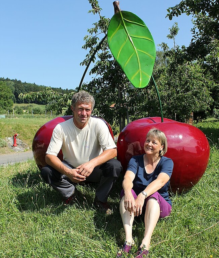 Felix und Brigitte Markwalder aus Würenlos vor den Schaumstoff-Kirschen, die vor ihrem Hof stehen. Rahel Bühler