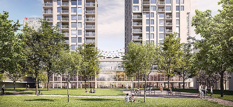 Blick <em>auf das Erdgeschoss von einem der Doppelhochhäuser vom Stadtpark aus. (zVg)</em>