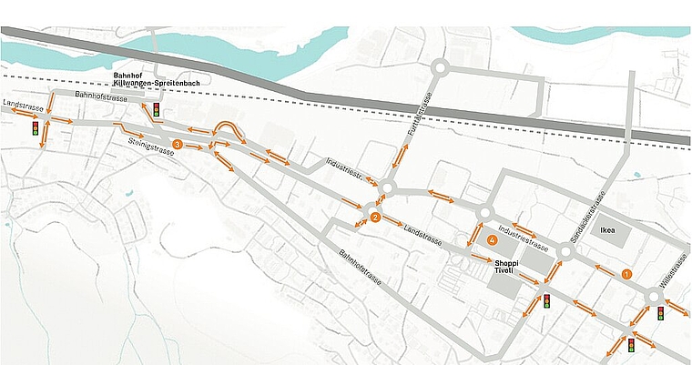 Verkehrsregime von Mitte 2019 bis Ende 2021: 1. Ab Mitte 2020 wieder in beide Richtungen befahrbar; 2. Ab Frühjahr 2021 lichtsignalgesteuerter Knoten; 3. Ab Mitte 2020 in Richtung Westen einseitig befahrbar, ab Anfang 2021 wieder in beide Richtungen