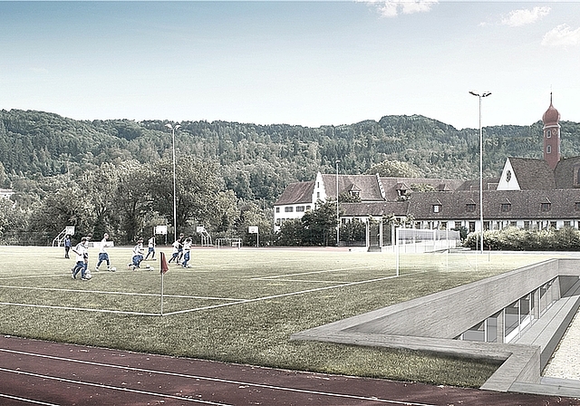 Visualisierung der geplanten Dreifachsporthalle bei der Kantonsschule auf der Klosterhalbinsel. zVg 