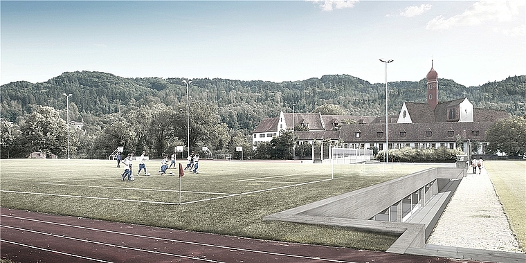 Visualisierung der geplanten Dreifachsporthalle bei der Kantonsschule auf der Klosterhalbinsel. zVg