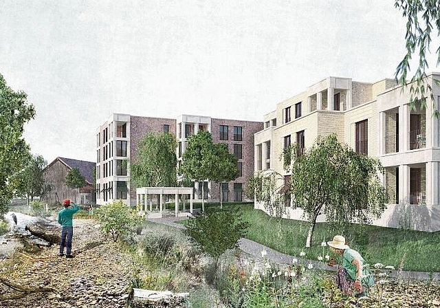 Mit Furtbach und Scheune: Visualisierung vom geplanten Alterszentrum «Margerite» in Würenlos.  Fiechter &amp; Salzmann Architekten