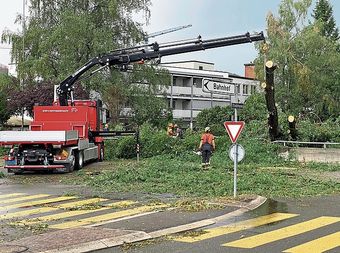Feuerwehrleute und Forstwarte räumen die Alberich-Zwyssig-Strasse frei.Bild: Melanie Bär Feuerwehrleute und Forstwarte räumen die Alberich-Zwyssig-Strasse frei.Bild: Melanie Bär