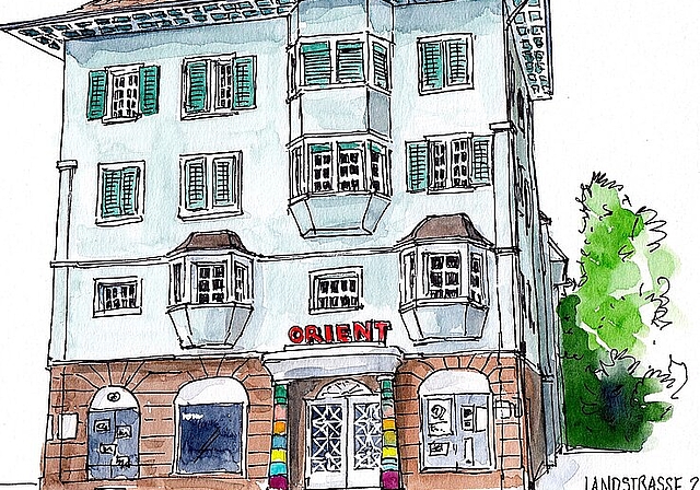Das Kino Orient ist eines der identitätsstiftenden Gebäude in Wettingen. Diese Zeichnung ist im Rahmen des Projekts «urban sketching» entstanden. zVg