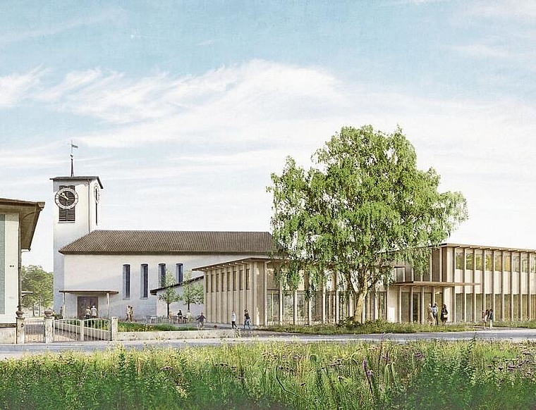 Visualisierung Der neue Vorplatz der reformierten Kirche Wettingen-Neuenhof lädt zum Verweilen ein – rechts erkennt man das neue Kirchgemeindehaus aus Holz. zVg