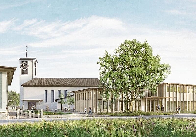 Visualisierung Der neue Vorplatz der reformierten Kirche Wettingen-Neuenhof lädt zum Verweilen ein – rechts erkennt man das neue Kirchgemeindehaus aus Holz. zVg