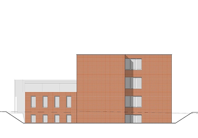 Visualisierung des Schulhauses Feld mit Aula (l.), die ebenfalls gebaut wird. zVg
