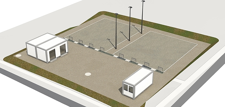 Geplante Pétanque-Anlage mit Spielflächen und Containern. Visualisierung: zVg