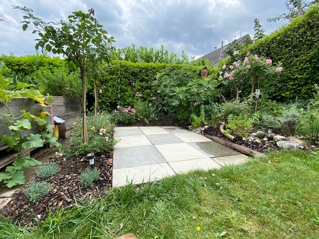 Garten mit Gemüse im Hochbeet, mit Blumen und Kräutern. Melanie Bär
