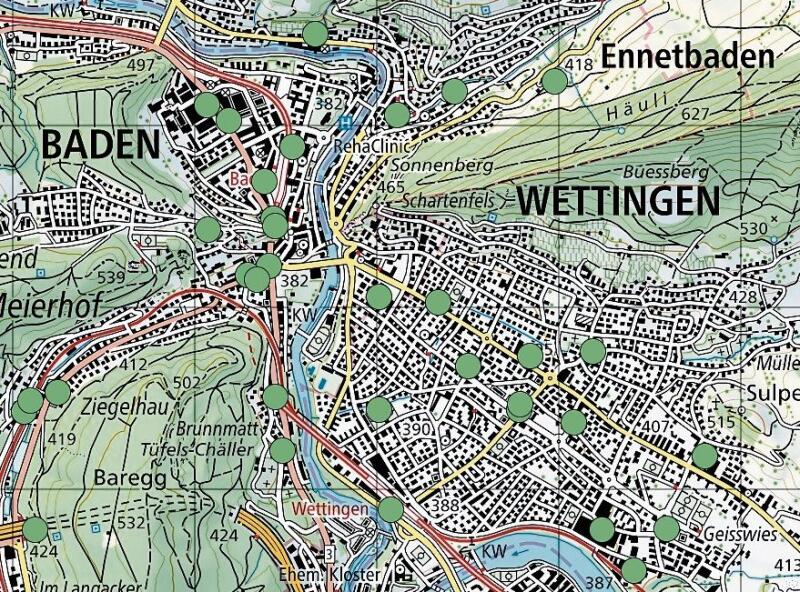 Übersichtskarte aller 5G-Antennen in Wettingen.   zVg
