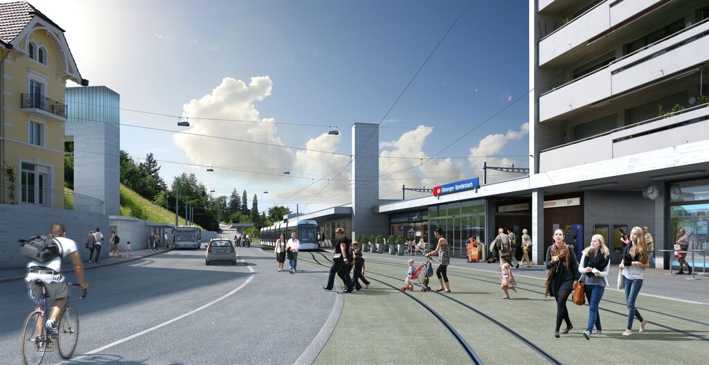 Visualisierung des Streckenverlaufsder Limmattalbahn beim Killwangener Bahnhof.
