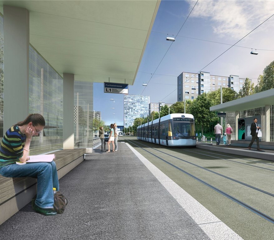 Visualisierung der Haltestelle Furttalstrasse in Spreitenbach. Fotos: zVg