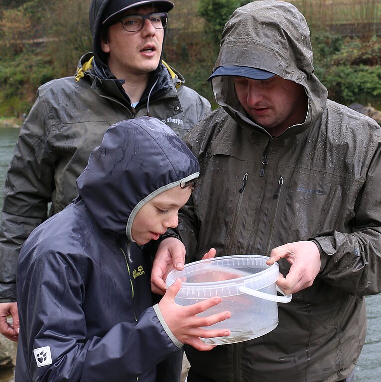 Michael Hauser (r.) zeigt einem Jungfischer die Brütlinge.Fotos: bär
