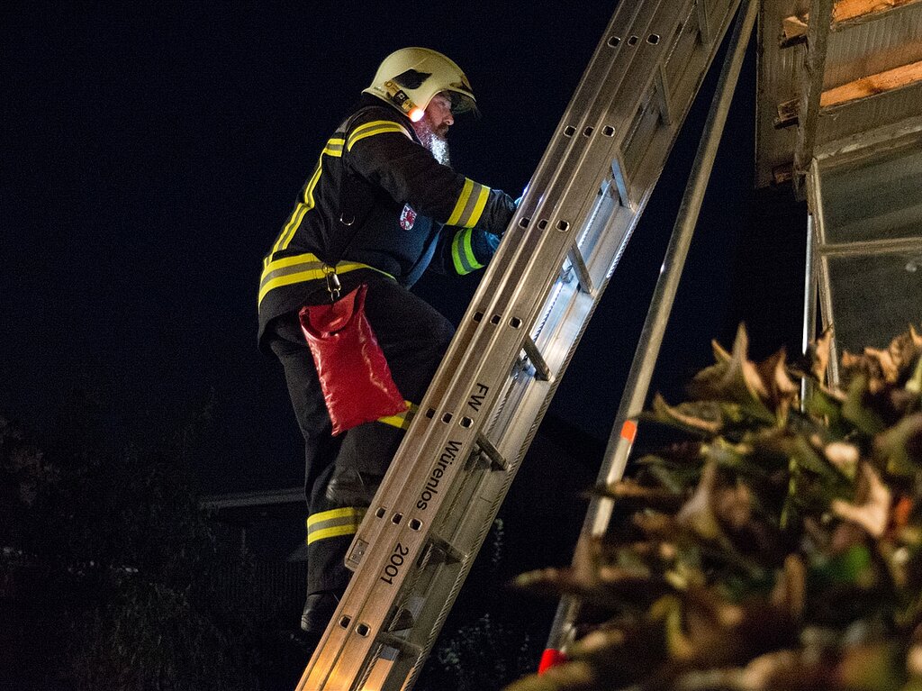 Feuerwehrmann <em>klettert ins Haus. (Barbara Scherer)</em>