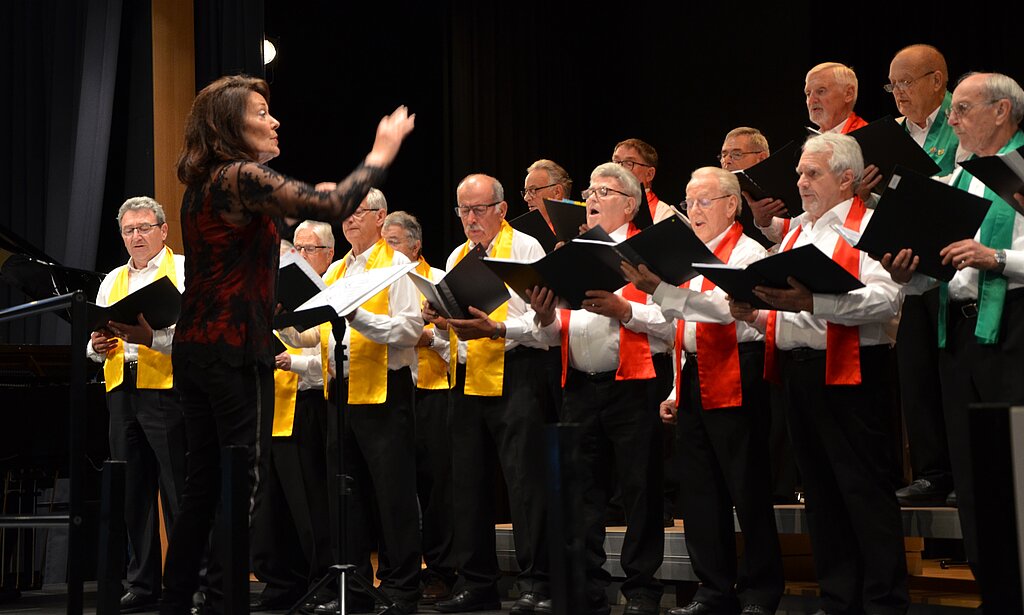 Der Männerchor Neuenhof unter der Leitung von Erika Riedo. 32 Sänger waren auf der Bühne. Jessica Mittner
