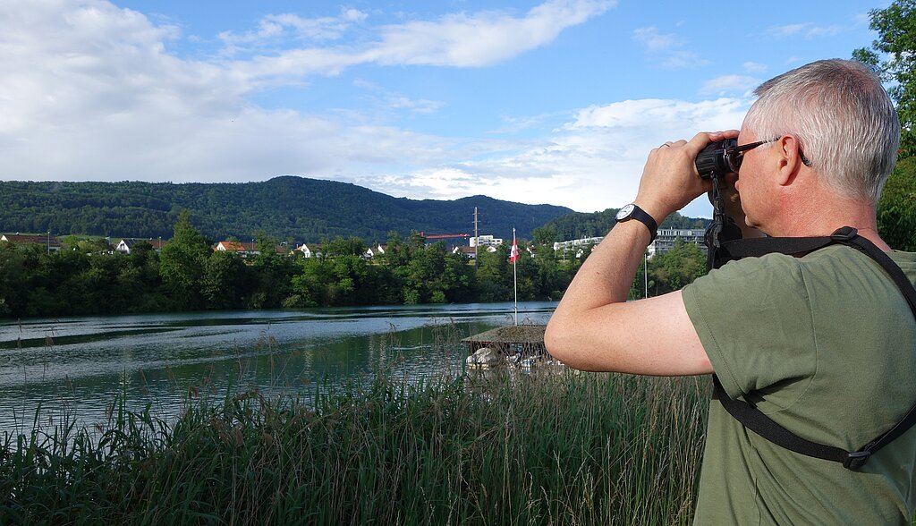 Marcus Ulber beobachtet Wasservögel am Wettinger Ufer des Stausees mit dem Feldstecher. Dieter Minder